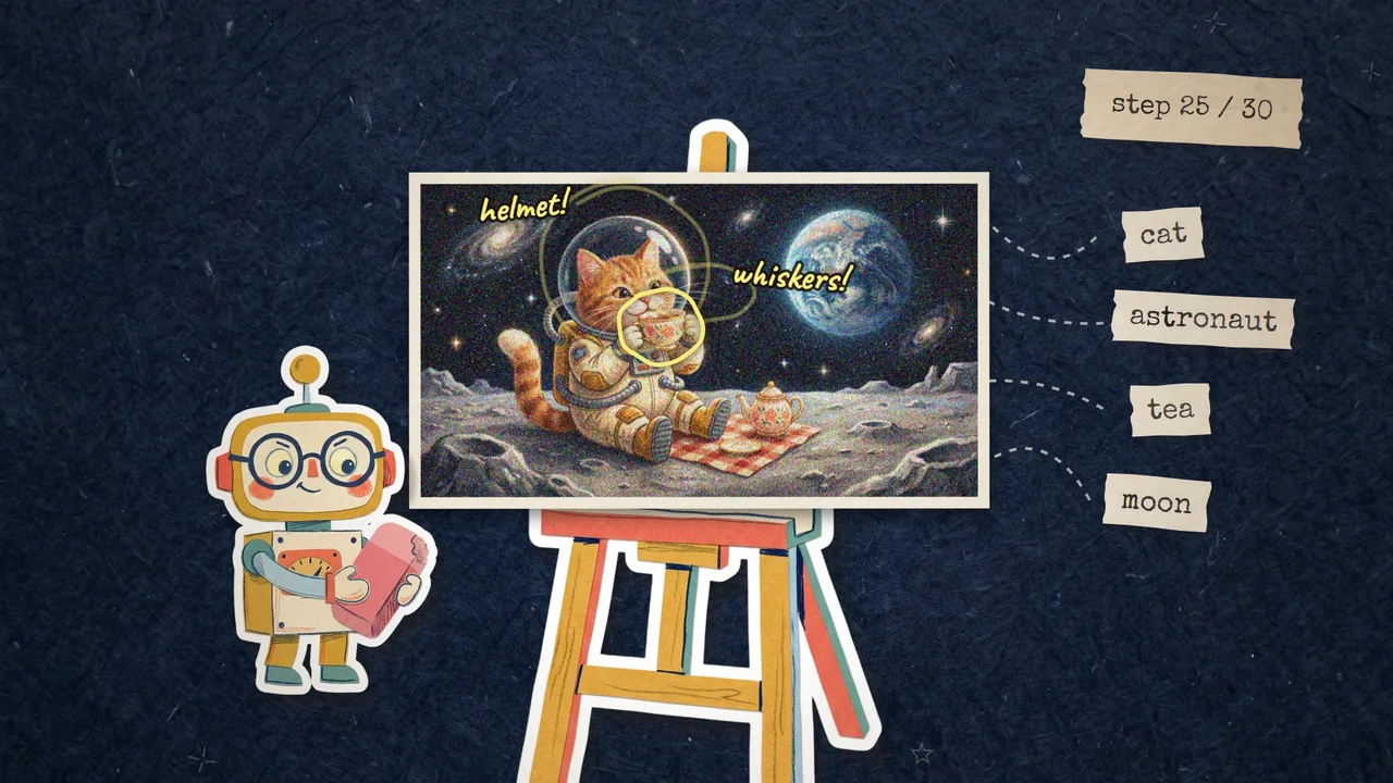 A paper-collage cat astronaut sipping tea on the moon