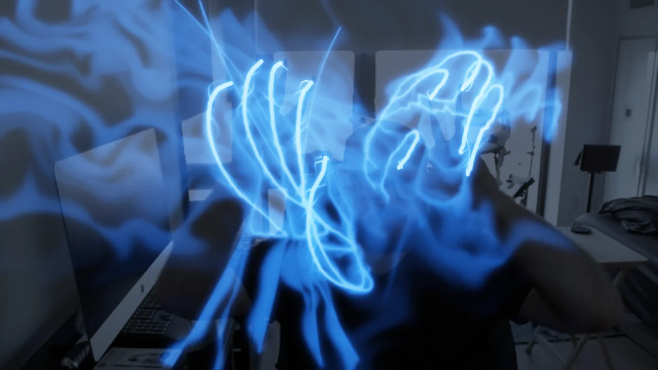 Glowing blue light trails drawn by fingertips in front of a webcam
