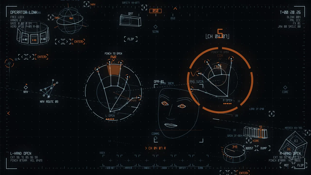 Orange and white vector targeting graphics locked onto two open hands and a face