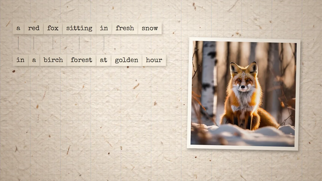 A red fox in the snow beside its prompt split into tokens
