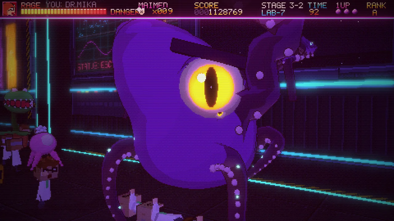A giant one-eyed tentacle creature smashing through a neon lab